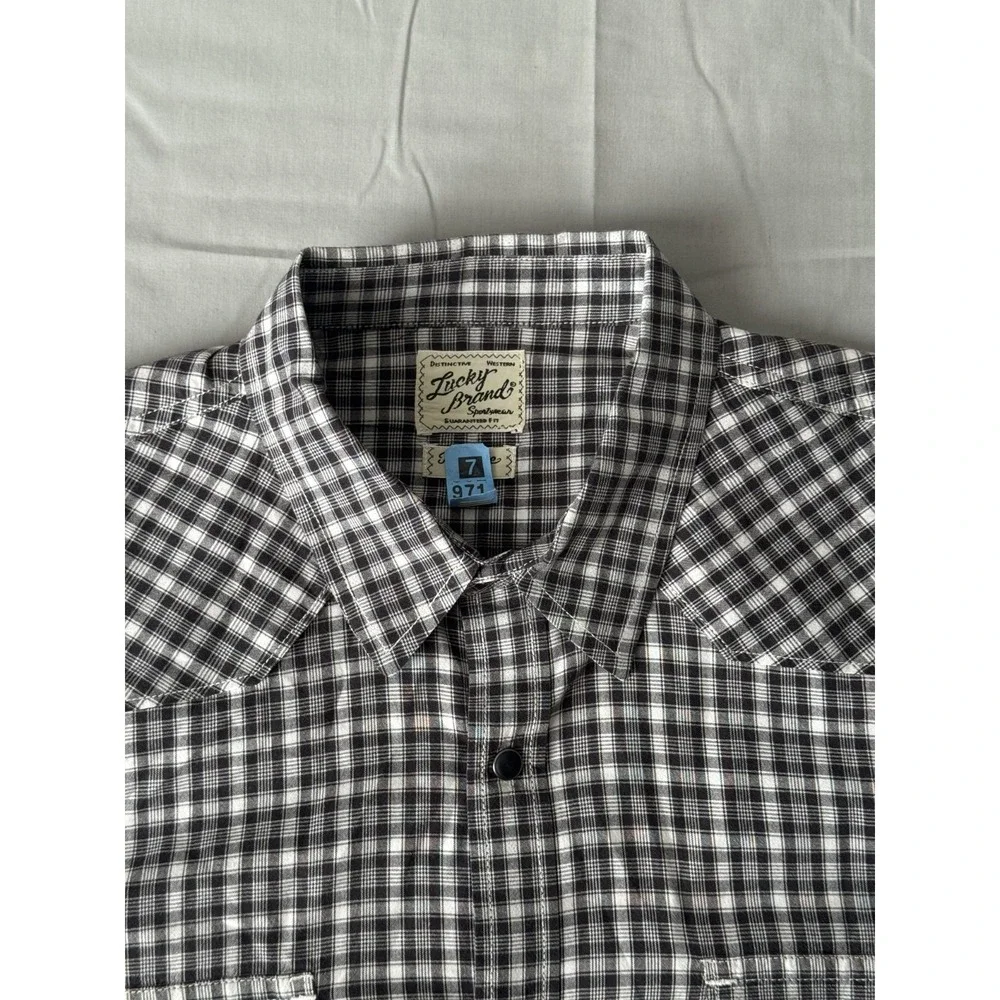 Lucky Brand Black and White Plaid Western Pearl Snap Men's Cowboy Shirt Size L